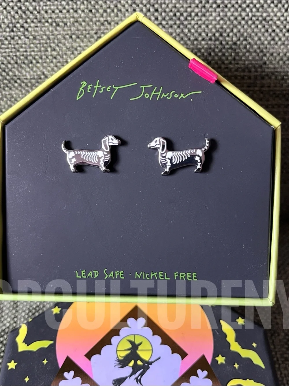 Betsey Johnson Halloween Skeleton Dachshund Wiener Dog Stud Earrings Silver Tone